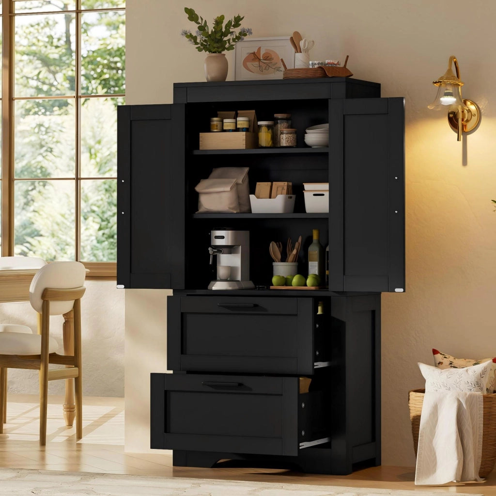 Credenza alta nera in MDF e PB con 2 cassetti e ripiani regolabili