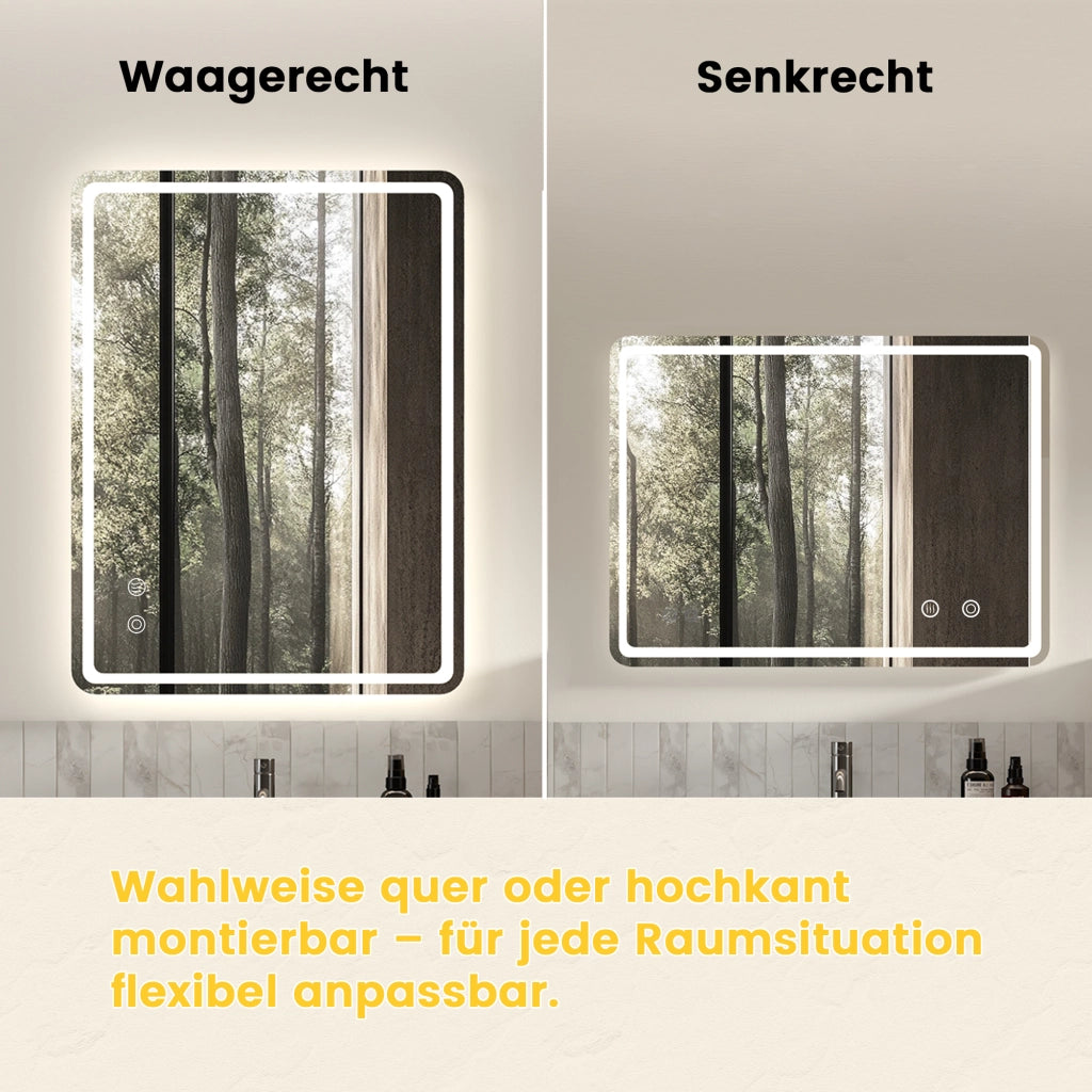 Specchio da bagno con luce dimmerabile; controllo touch e antiappannamento; montaggio orizzontale o verticale