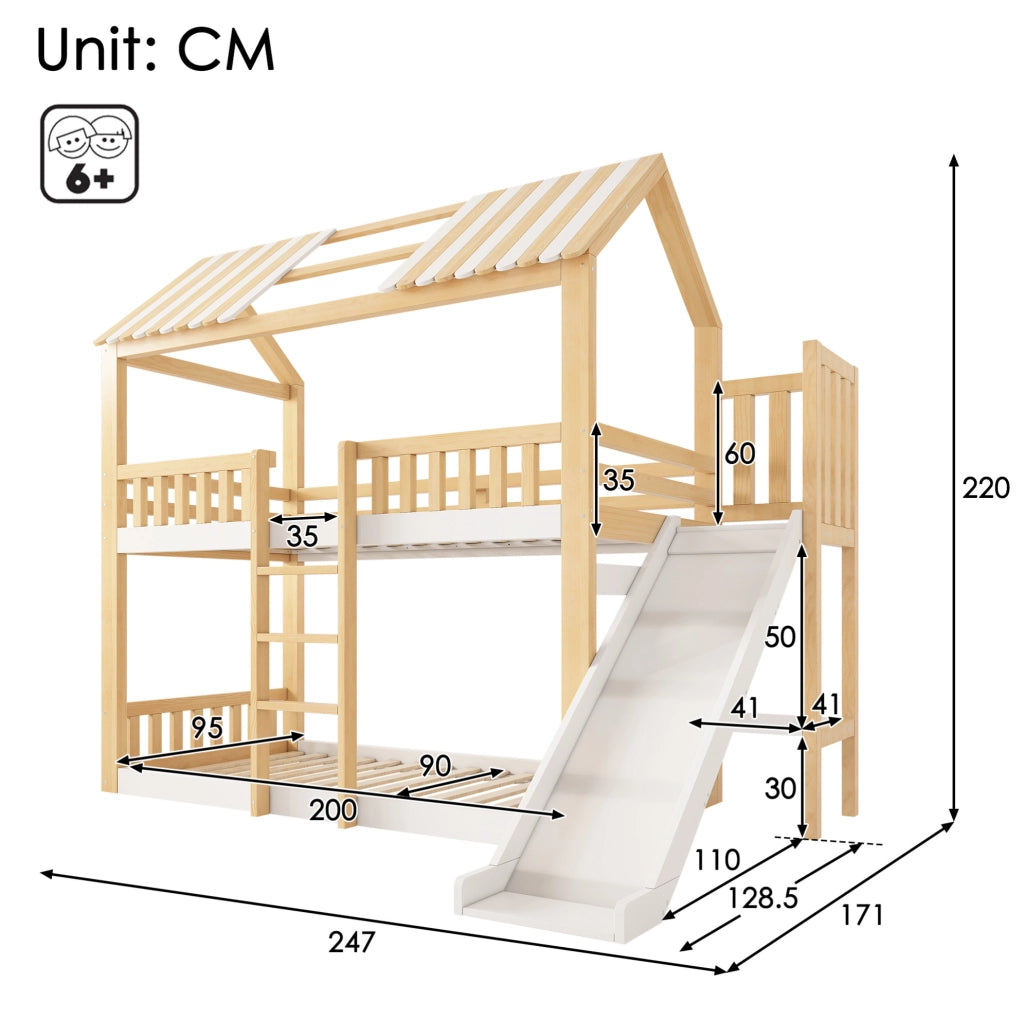 Letto a Castello per Bambini 90x200 cm in Legno con Tetto a Spiovente, Scivolo da 35 cm e Scaffale, Bianco e Naturale