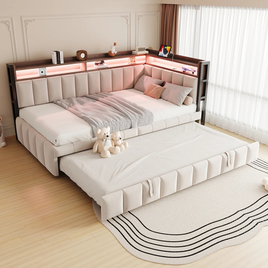 Letto estraibile 2 posti 90 x 200 e 90 x 190 cm con LED e USB/USB-C, divano letto in velluto beige con vani integrati