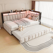Letto estraibile 2 posti 90 x 200 e 90 x 190 cm con LED e USB/USB-C, divano letto in velluto beige con vani integrati