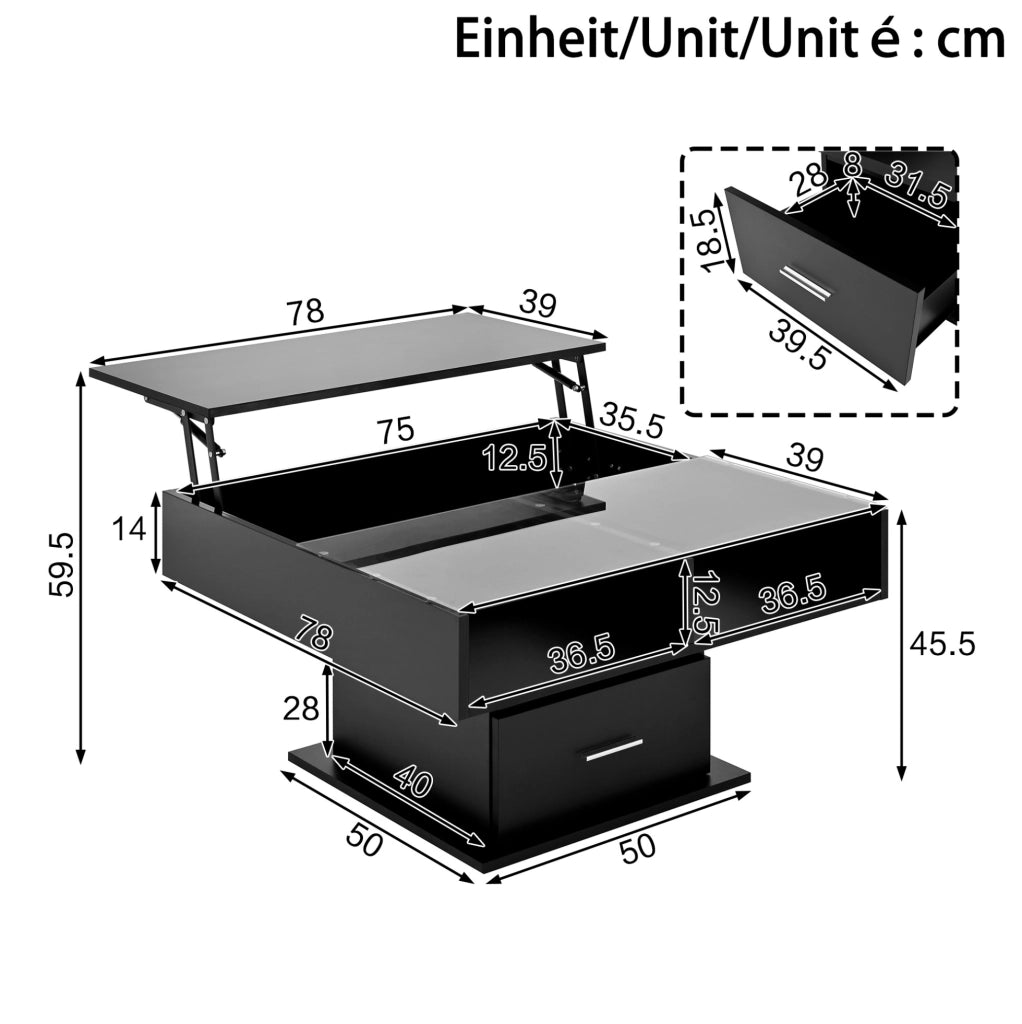Tavolino da salotto elevabile 78x78 cm con LED Bluetooth in truciolare nero