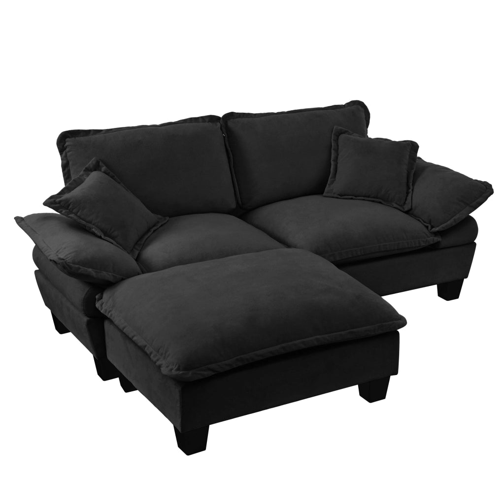 Divano modulare angolare Cloud in Chenille nero con ottomano mobile e 2 cuscini