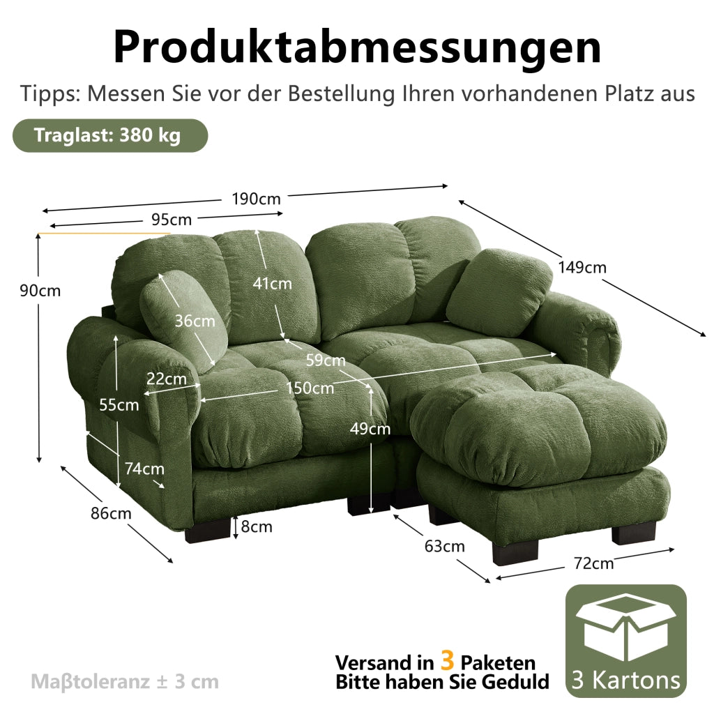 Divano angolare a 2 posti in ciniglia verde con ottomana mobile e cuscino incluso 190 × 149 × 90 cm