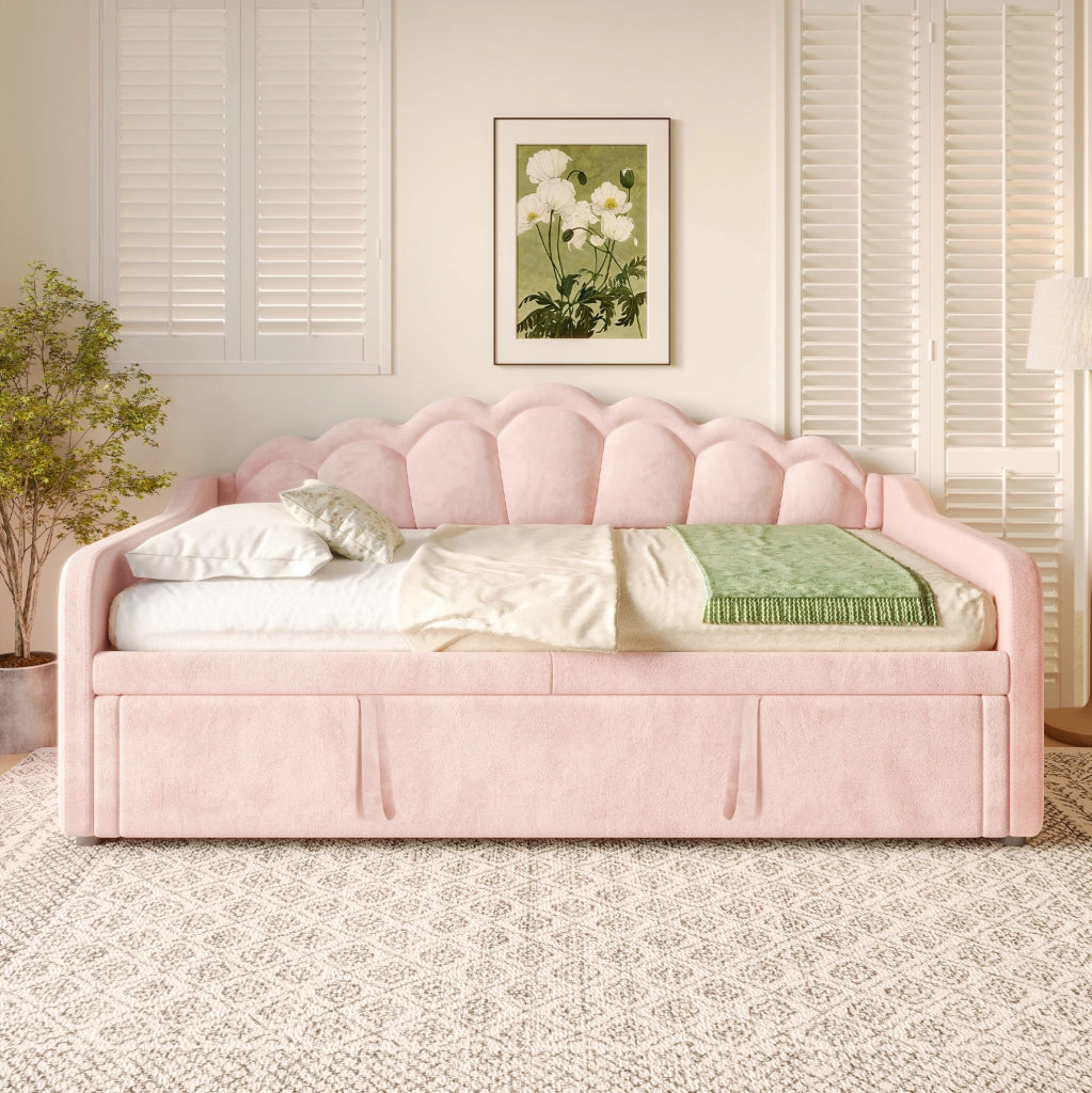 Letto Giorno con Letto Estraibile e LED Multicolore, Velluto Rosa, 90x200 cm (180x200 cm)