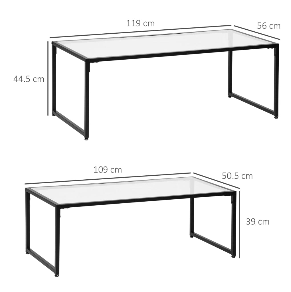 Tavolini da salotto impilabili set di 2 119x56x44,5 cm vetro temprato acciaio nero