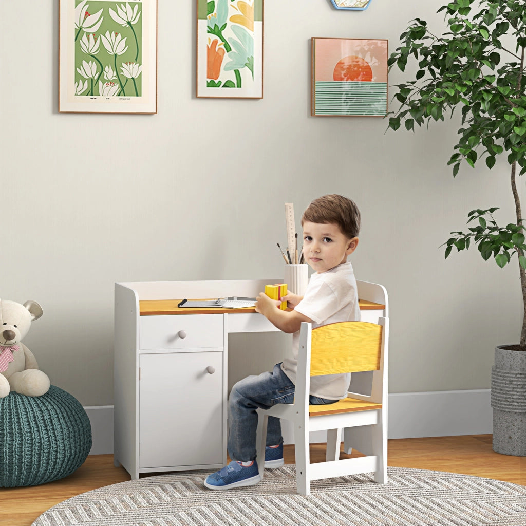 Scrivania per Bambini con Cassetto e Armadio ¨C Minimal ¨C Bianco e Naturale 90x50x75