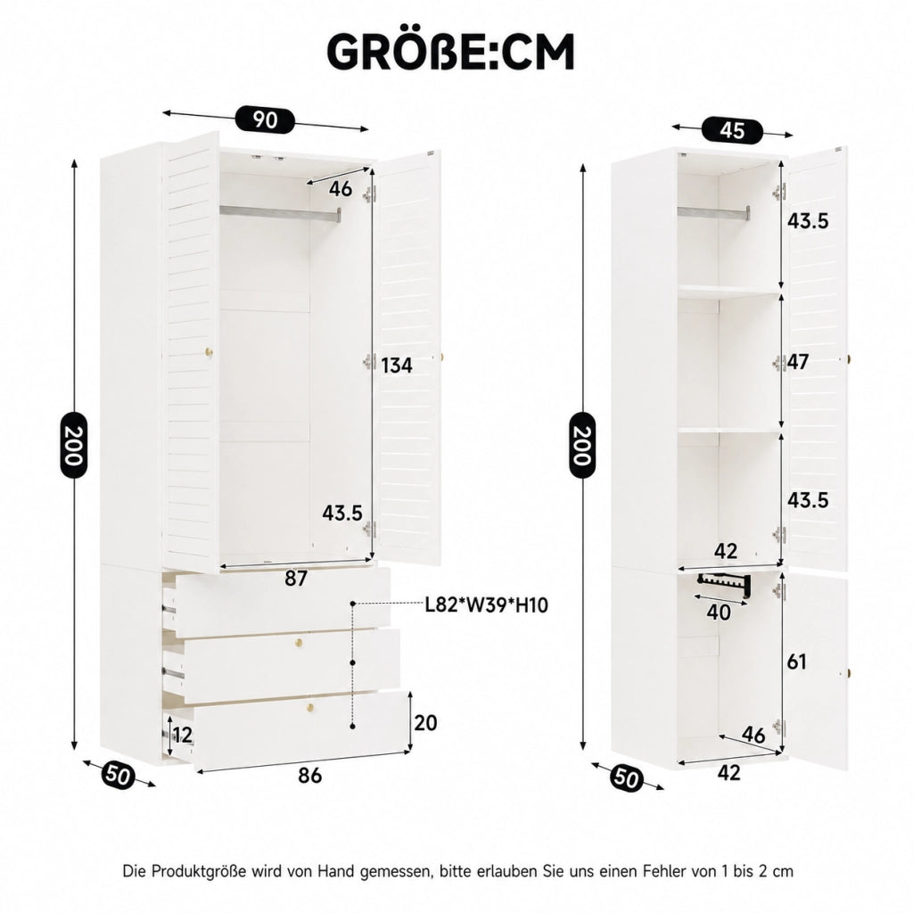 Armadio a 5 ante con ante a lamelle 3 appendiabiti 6 cassetti e portapantaloni estraibile bianco 225 × 50 × 200 cm
