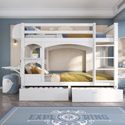 Letto a castello 90x200 cm con cassetti, scala, scrivania integrata in legno massello bianco