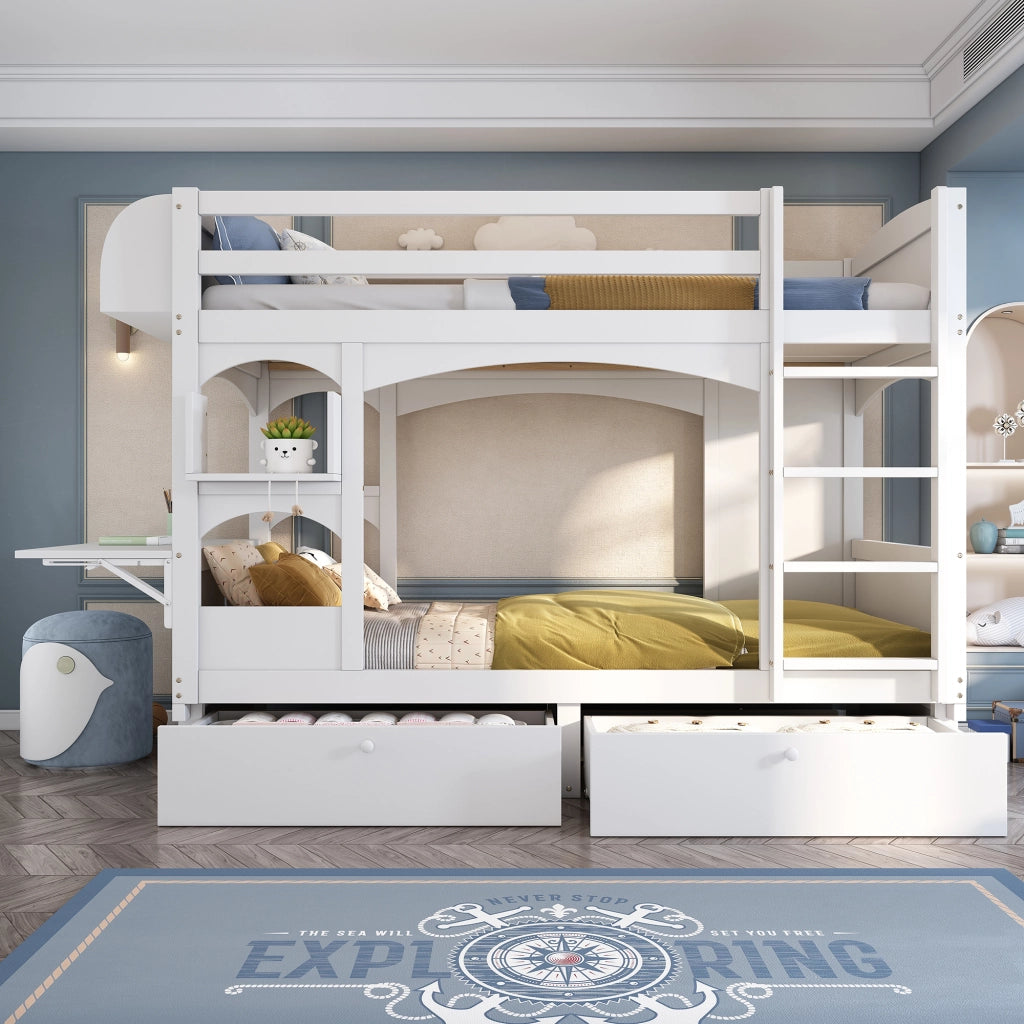 Letto a castello 90x200 cm con cassetti, scala, scrivania integrata in legno massello bianco