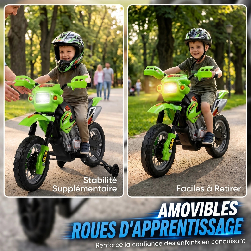 Moto cross elettrica per bambini 3-6 anni con batteria 6V fari musica e rotelle di supporto carico 25kg verde e nero