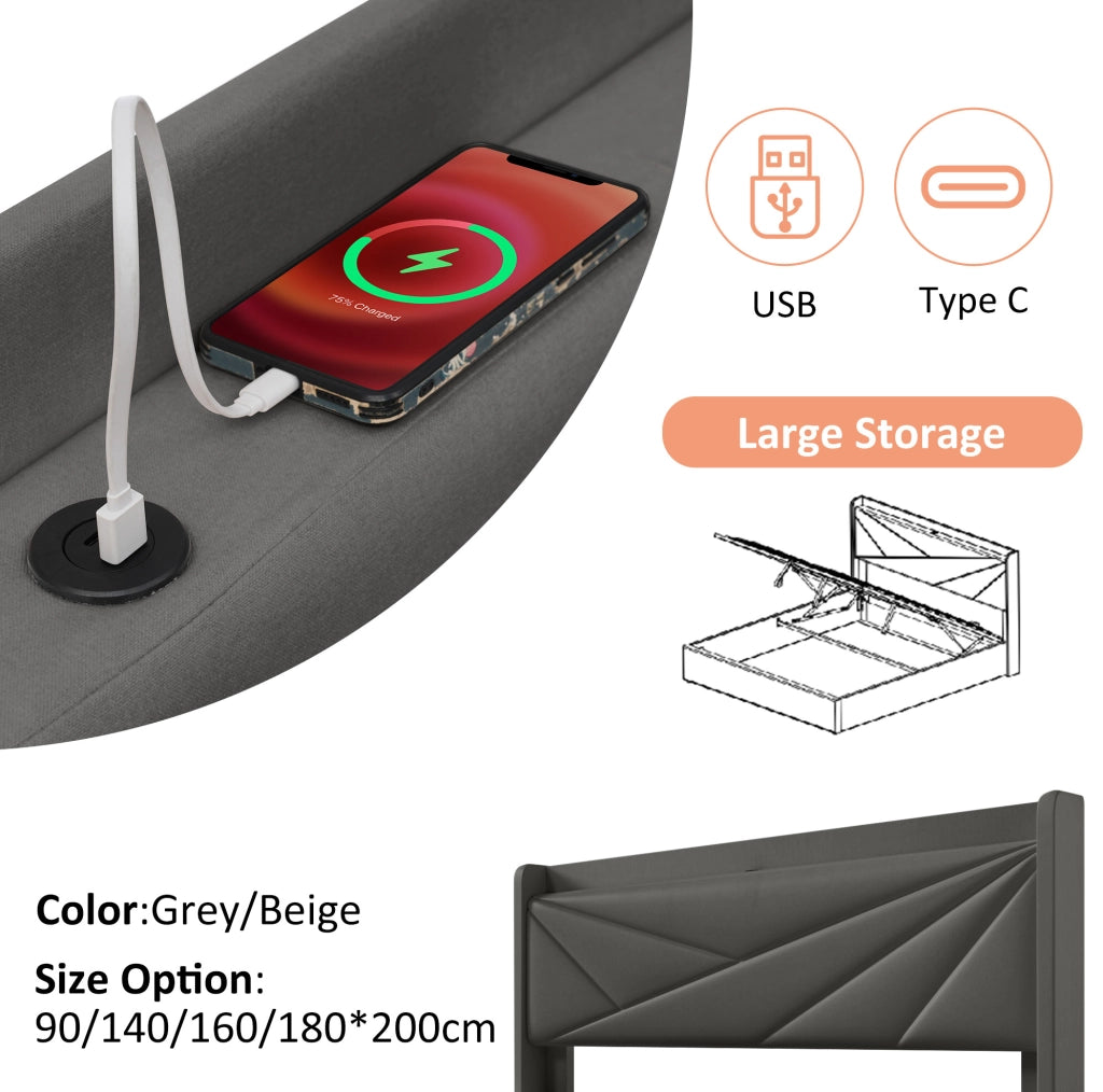 Letto matrimoniale 160x200 cm con contenitore; USB e USB-C; cotone e lino grigio