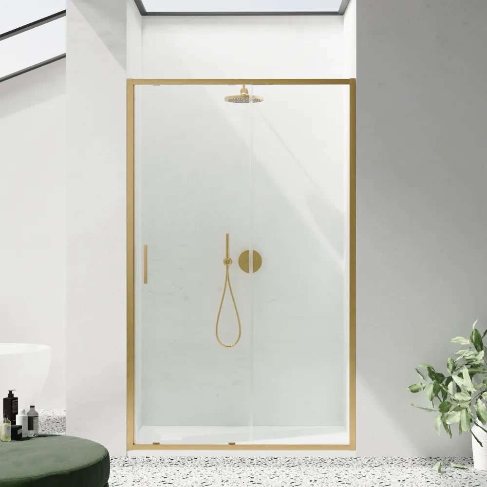 Porta doccia scorrevole 140cm profili slim oro spazzolato vetro 6mm trasparente anticalcare h190 m| Portofino