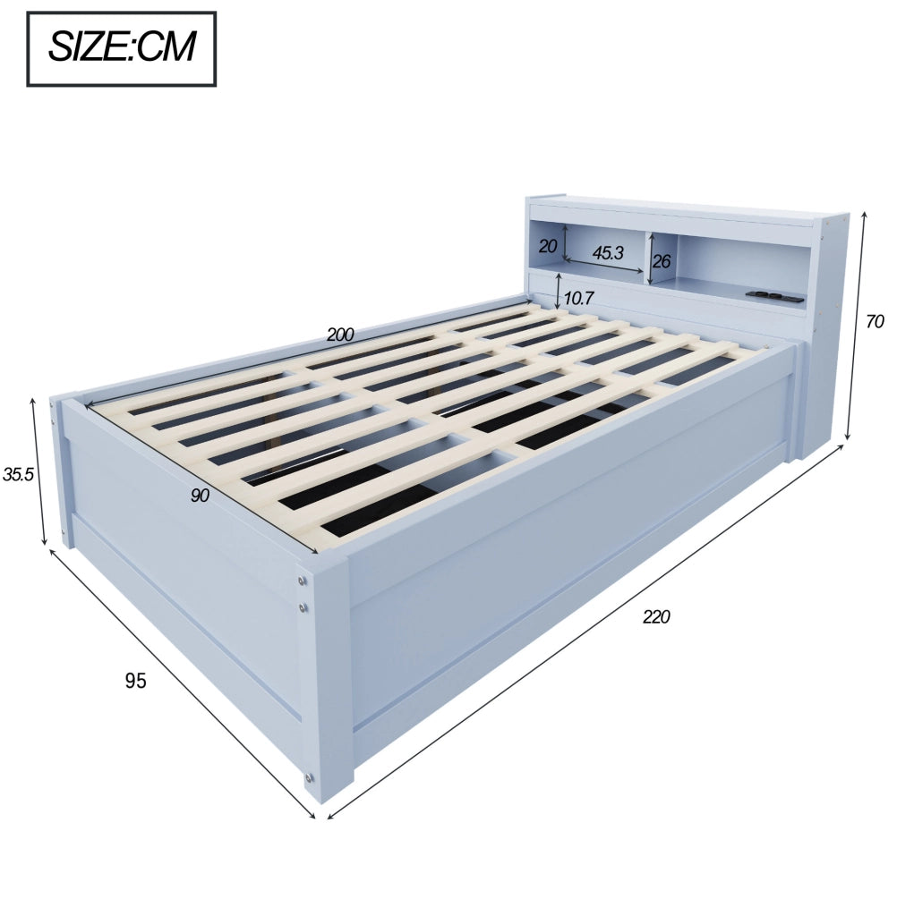 Letto singolo multifunzionale 90x200 cm in legno massello con contenitore idraulico, strisce LED colorate e presa elettrica integrata, grigio