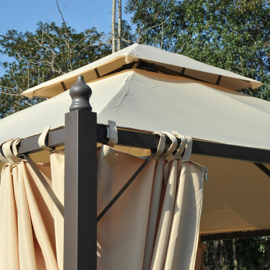 Gazebo da Giardino 3 x 3m con Doppio Tetto e 4 Tende Laterali Beige Struttura in Metallo Resistente per Esterno