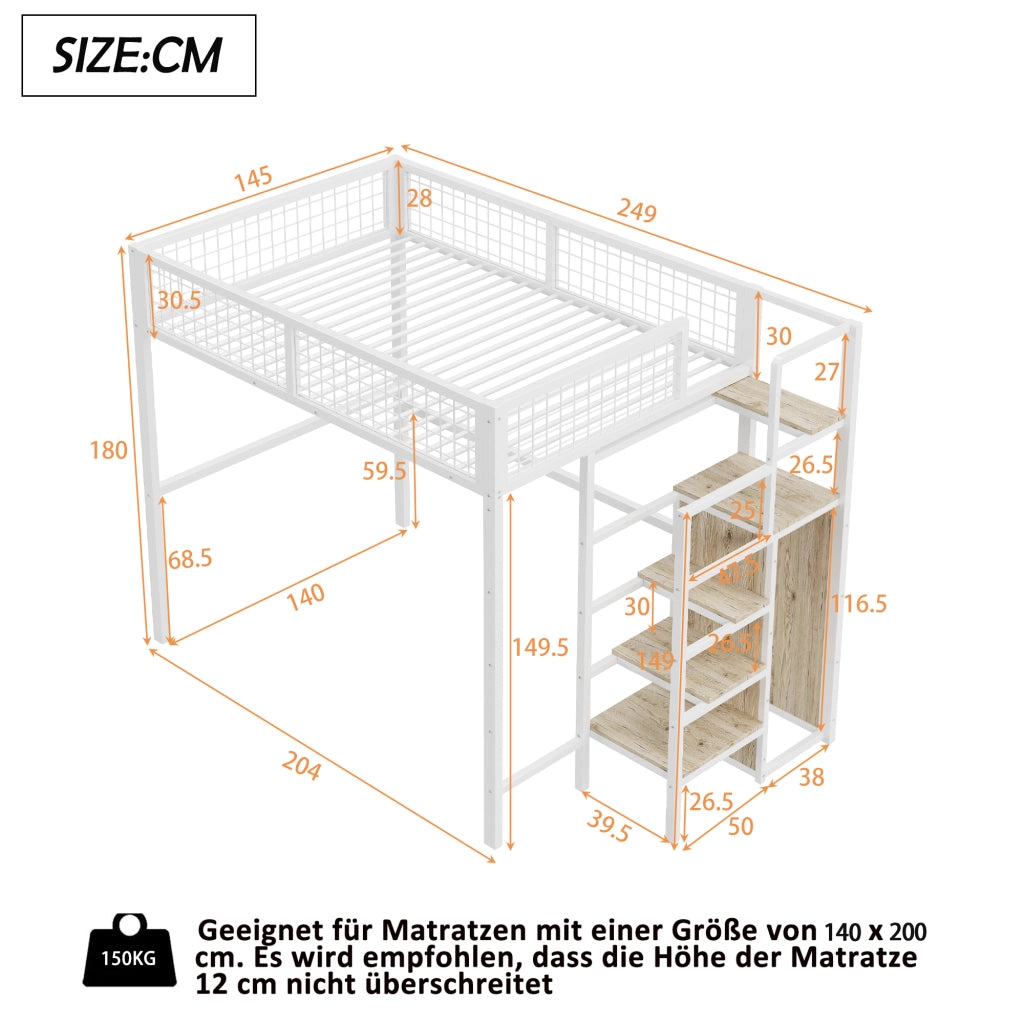 Letto a soppalco 140 × 200 cm con scala e armadio struttura in metallo e MDF bianco