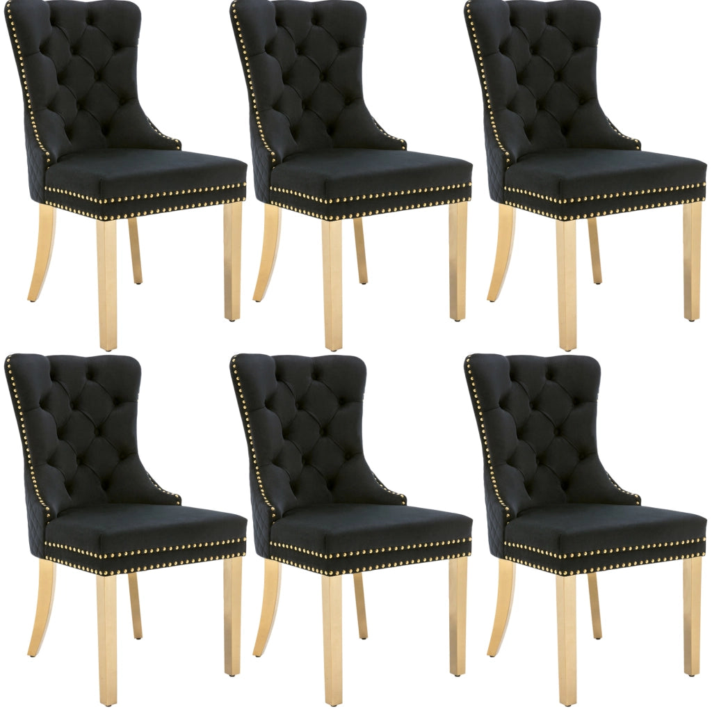 Set di 6 sedie da pranzo in velluto nero con gambe in acciaio inox dorato 50;5x45x95 cm