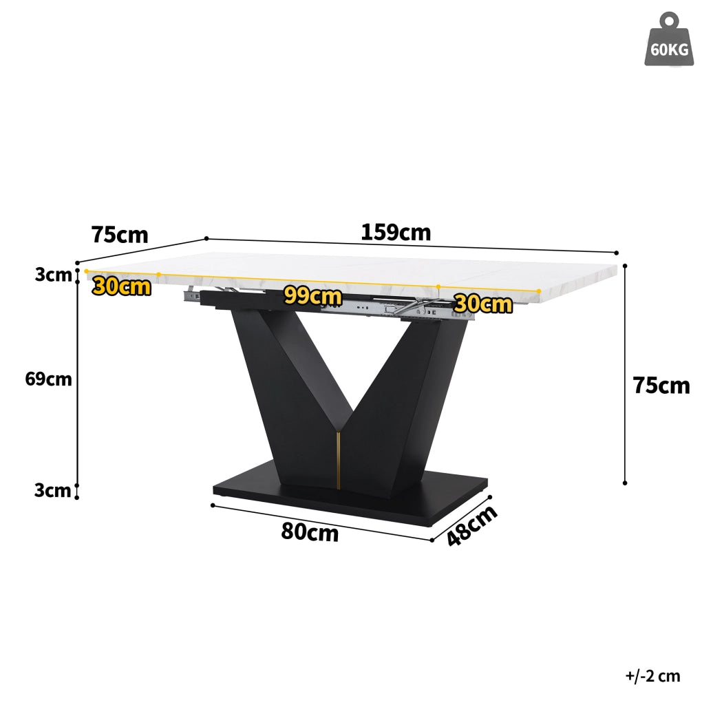 Tavolo da pranzo allungabile 99-159x75 cm con piano in MDF effetto marmo e gambe a V regolabili