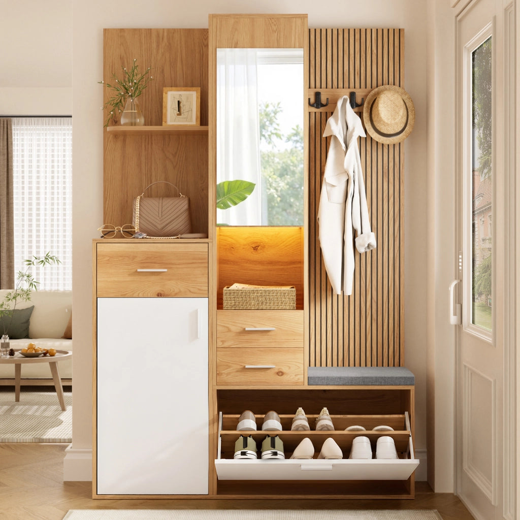 GARDEROBA MULTIFUNZIONE 120x32x178 cm Bianco e Naturale con specchio e LED