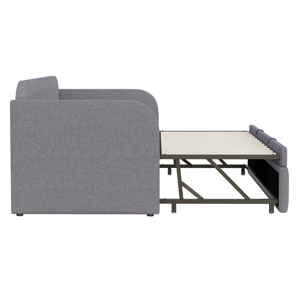 Divano letto imbottito 90x190 cm; letto estraibile 180x190 cm; grigio con rete a doghe