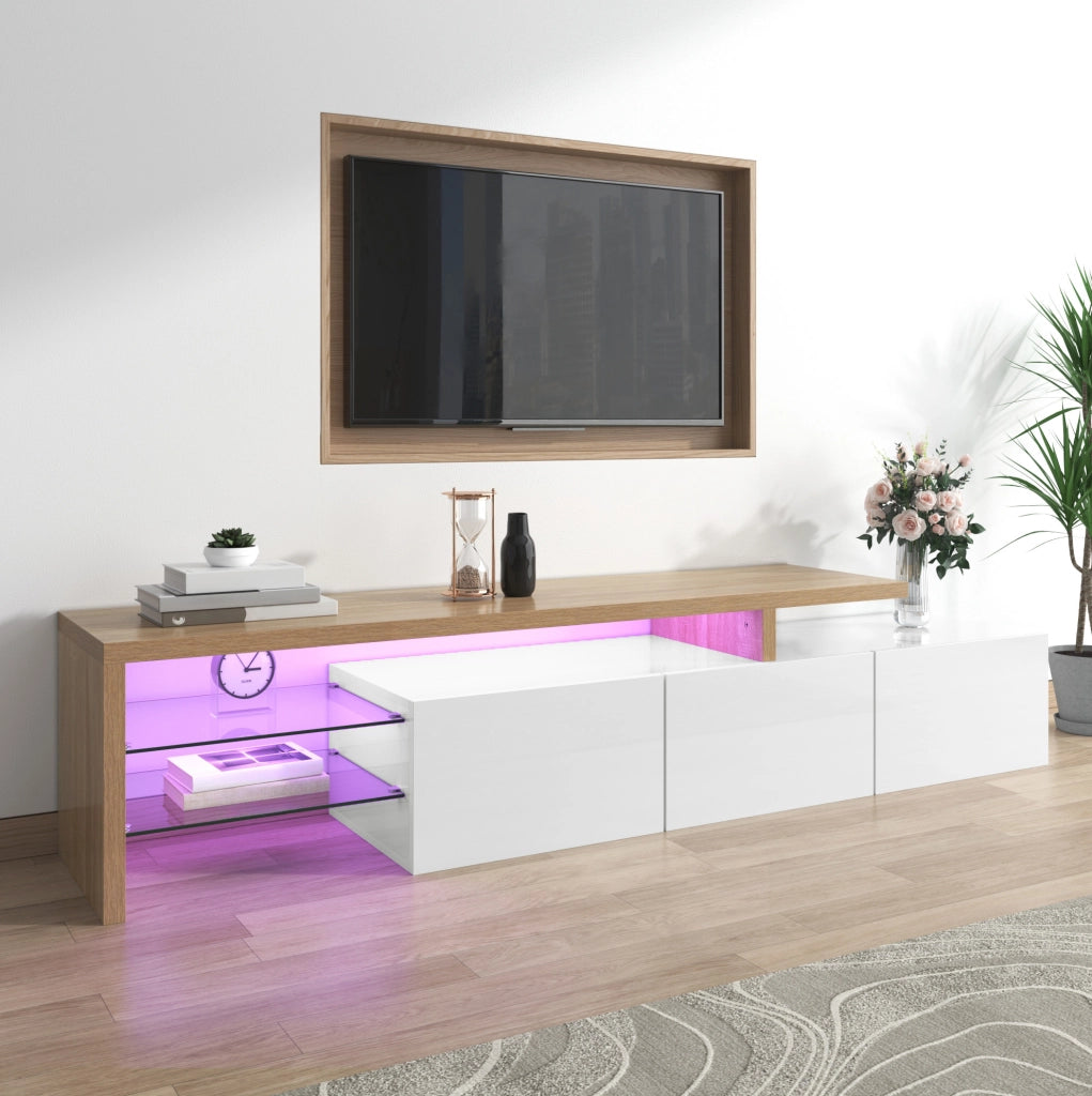 Mobile TV moderno con ripiani in vetro e luci LED