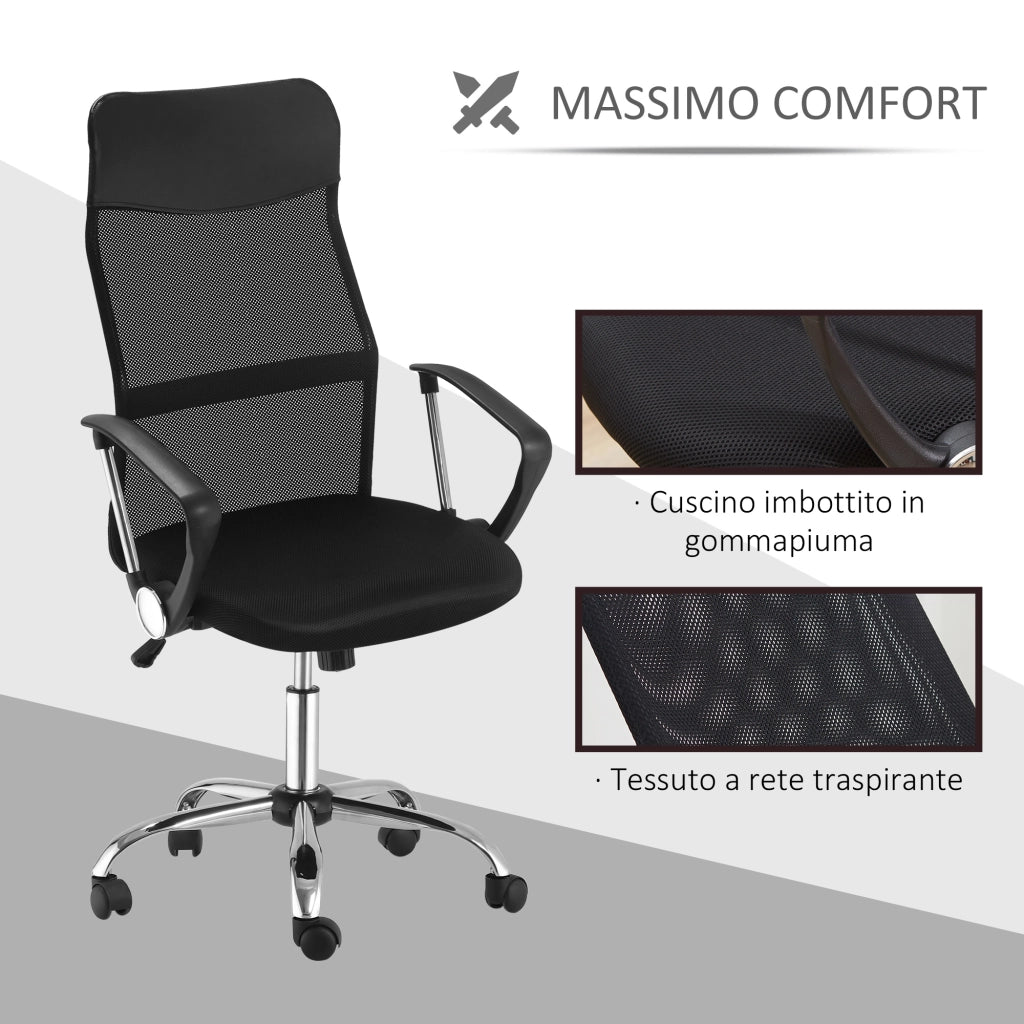 Sedia Ergonomica da Ufficio Girevole e Dondolo con Ruote, Altezza Regolabile e Schienale a Rete, 63x65x109-119 cm, Nero