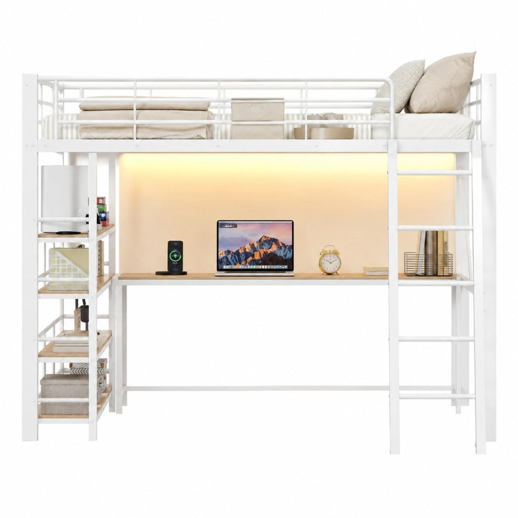 Letto a soppalco 140x200 cm in metallo bianco con scrivania, scaffale, LED e ricarica
