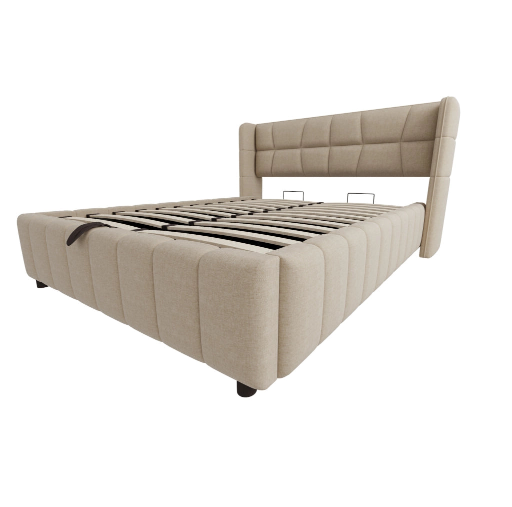Letto imbottito 140x200 cm con contenitore e struttura in lino beige