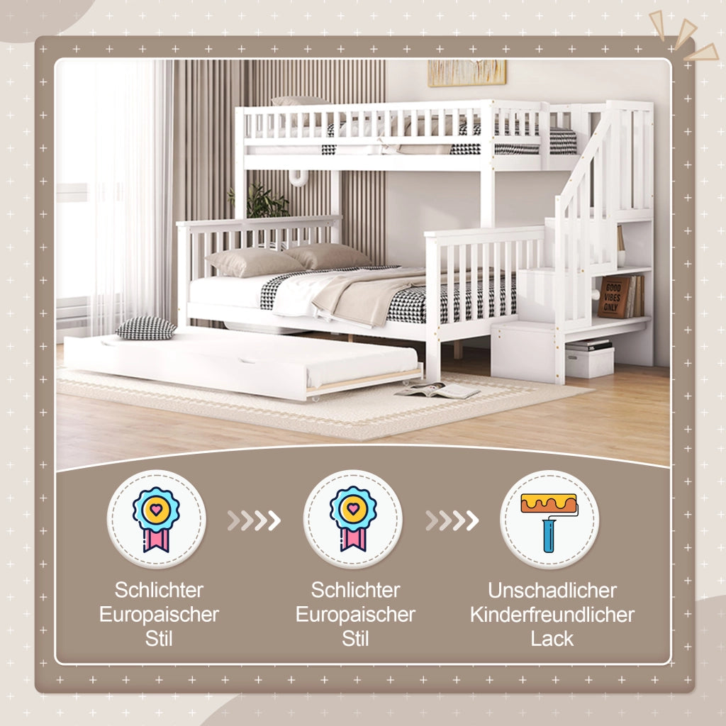 Letto a castello in pino 90 x 200 cm e 140 x 200 cm, rete a doghe, senza materasso, contenitore su ruote e scala - Bianco