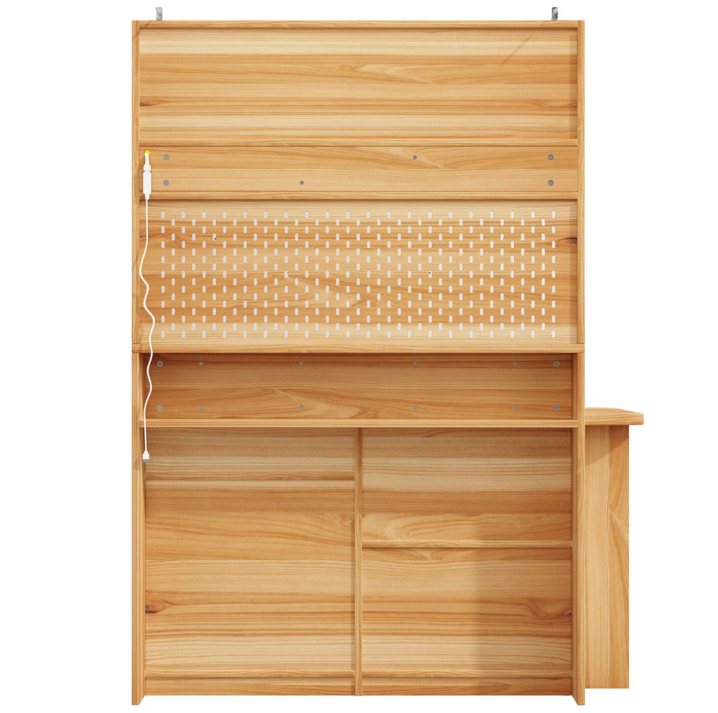 Credenza alta con scrivania integrata, ante scorrevoli in vetro, ripiani regolabili e LED per casa