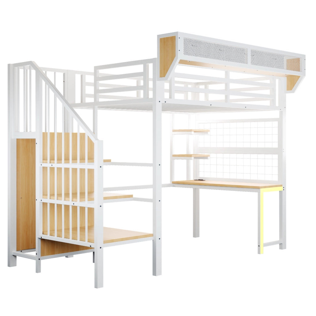 Letto a soppalco in metallo 90x200 cm con scrivania; scaffali; LED e prese; bianco
