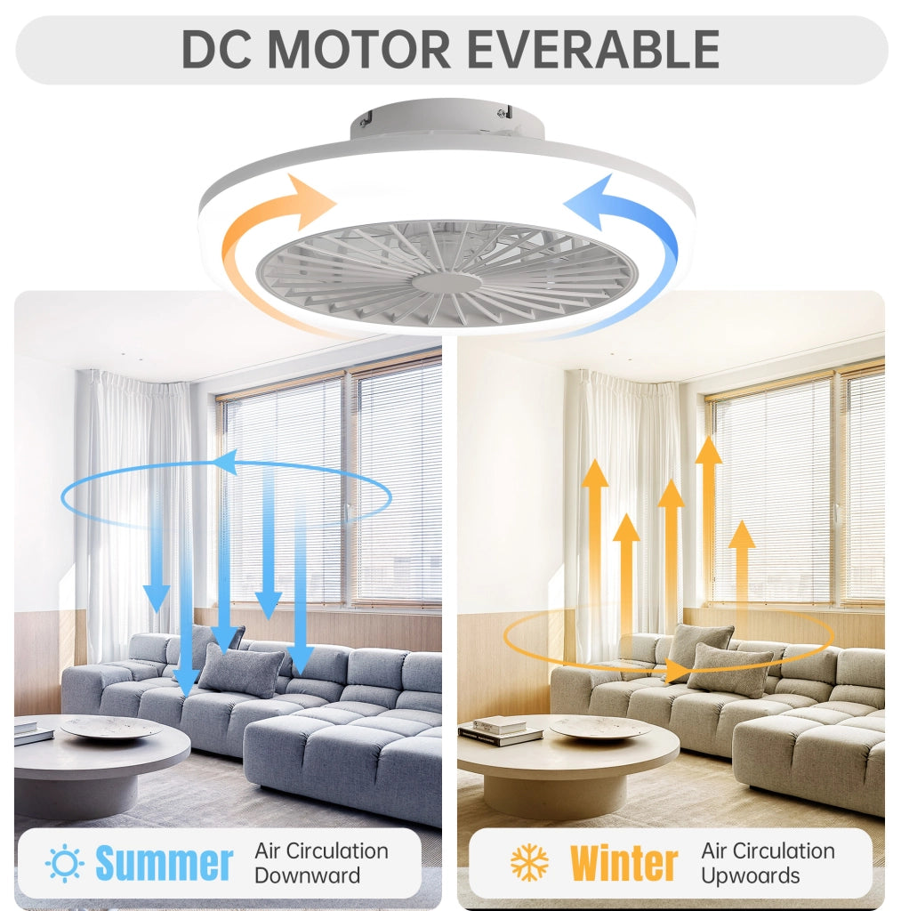 Ventilatore da soffitto 46 cm con luce LED dimmerabile, telecomando e motore DC silenzioso, design senza pale per camera, cucina e sala da pranzo