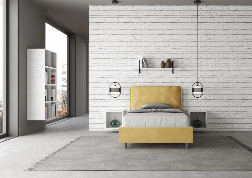 Letto 1 Piazza E Mezzo 130x190 cm con Rete e Contenitore Imbottito in Microfibra Antea Large Ocra