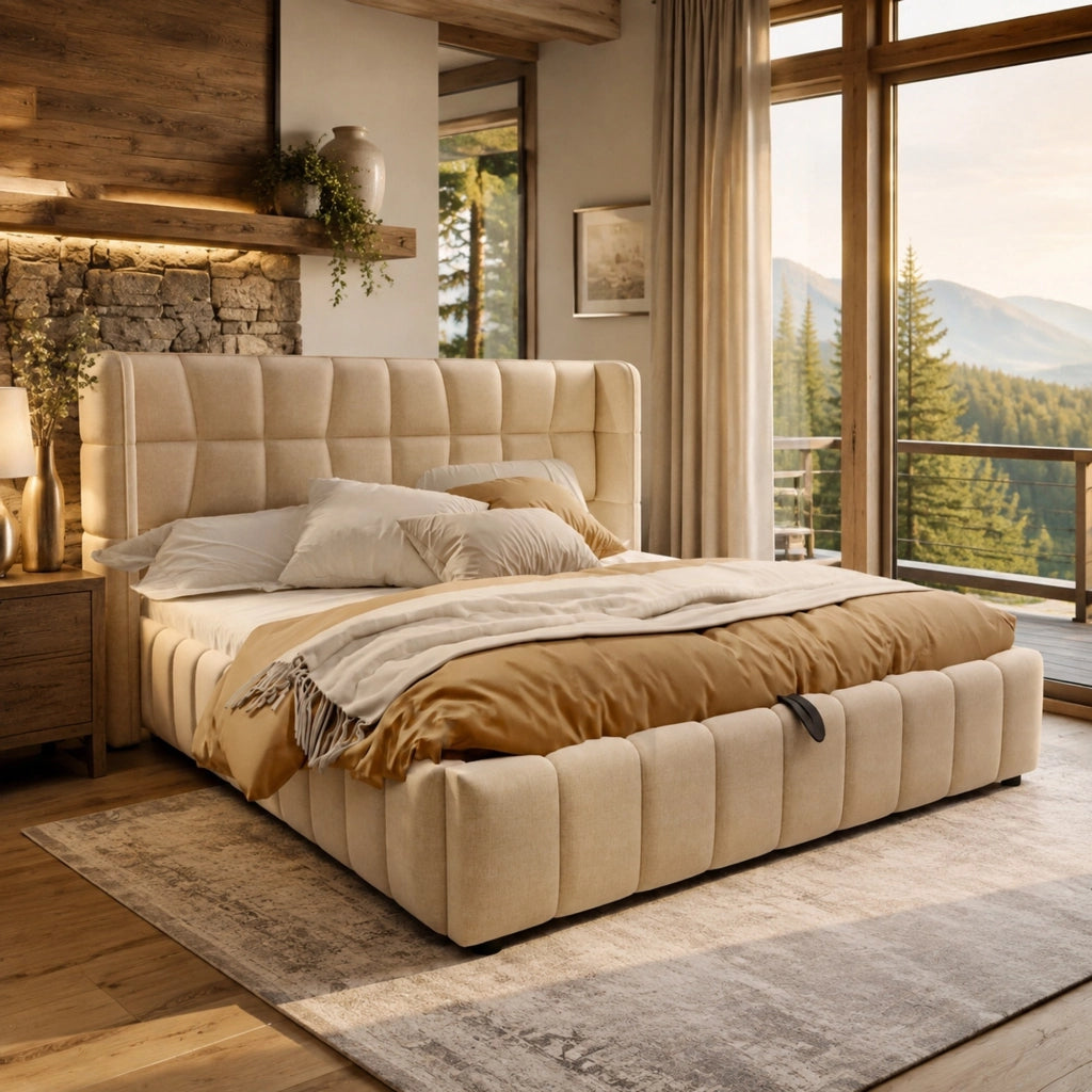 Letto contenitore imbottito ULEVR 180x200 cm con rete a doghe, struttura in metallo e rivestimento beige