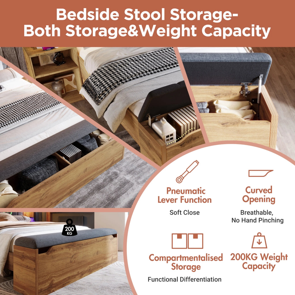 Letto Matrimoniale 180 x 200 cm - USB; Lampade; Comodini e Panca Contenitore - Rovere