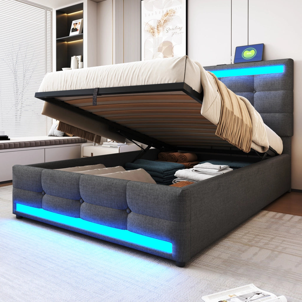 Letto imbottito LED con USB e contenitore visivo moderno