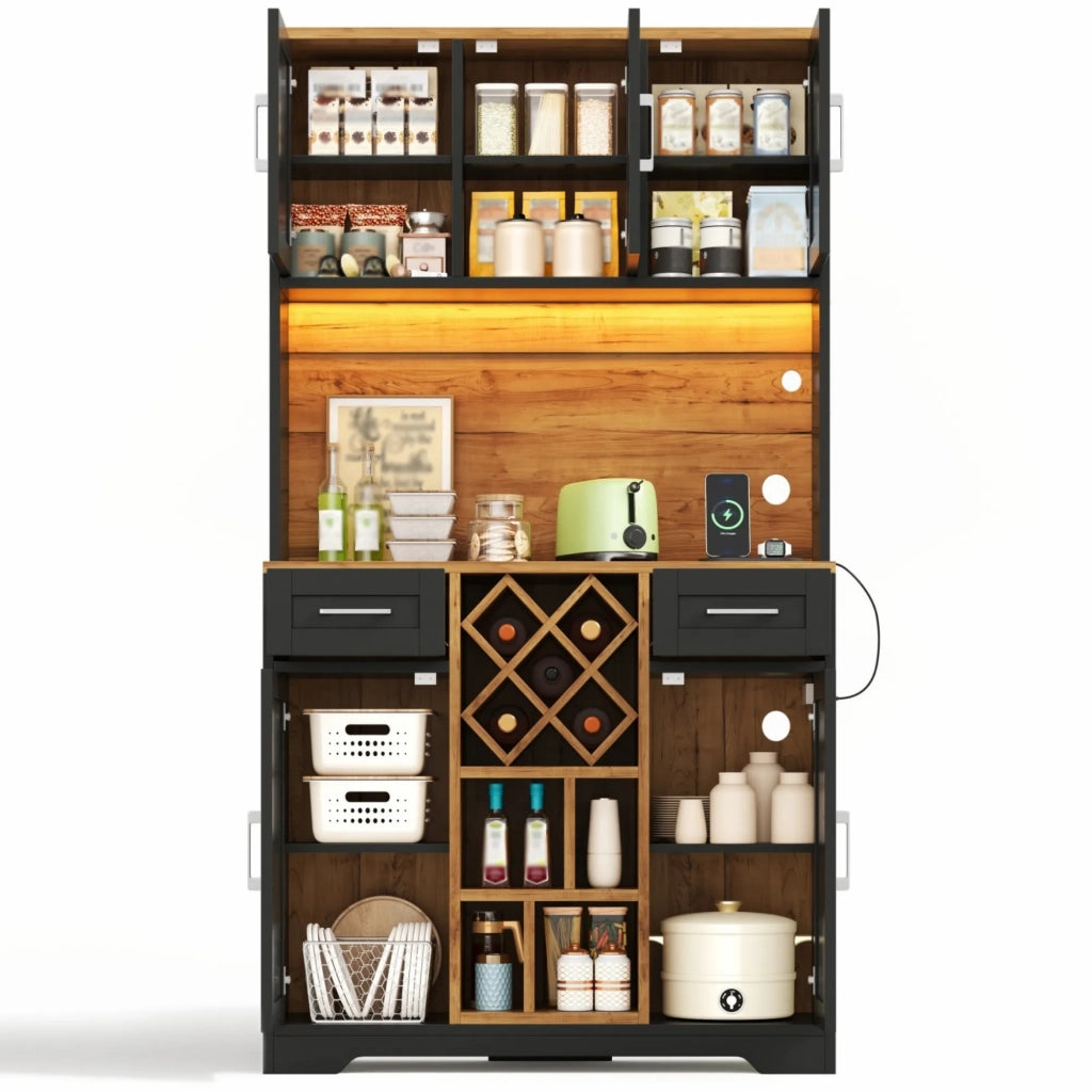 Armadio da cucina 180x105x40 cm, alta capacità con illuminazione LED, cantinetta e vetrina per soggiorno e sala da pranzo