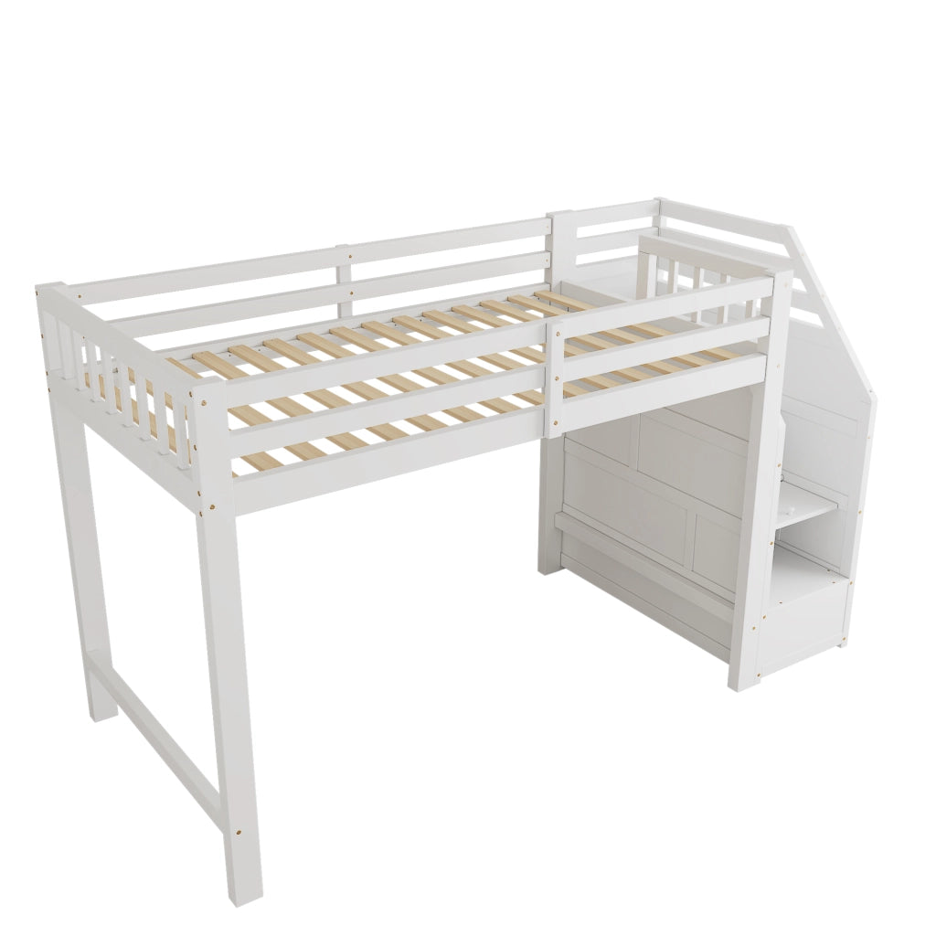 Letto a Soppalco 90x200 cm - Scala Contenitore; Parapetto - in MDF e Legno - Bianco