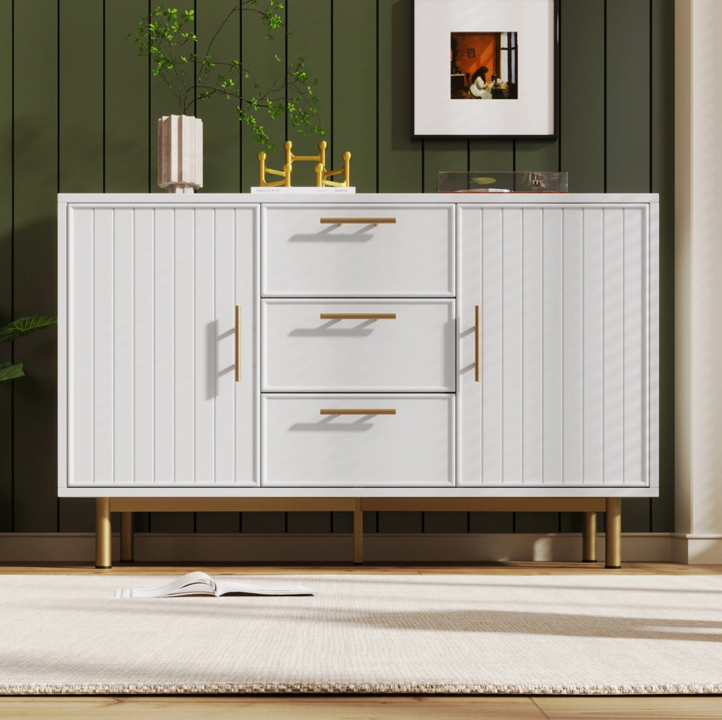 Credenza bianca 120 cm con 2 ante, 3 cassetti e ripiani regolabili