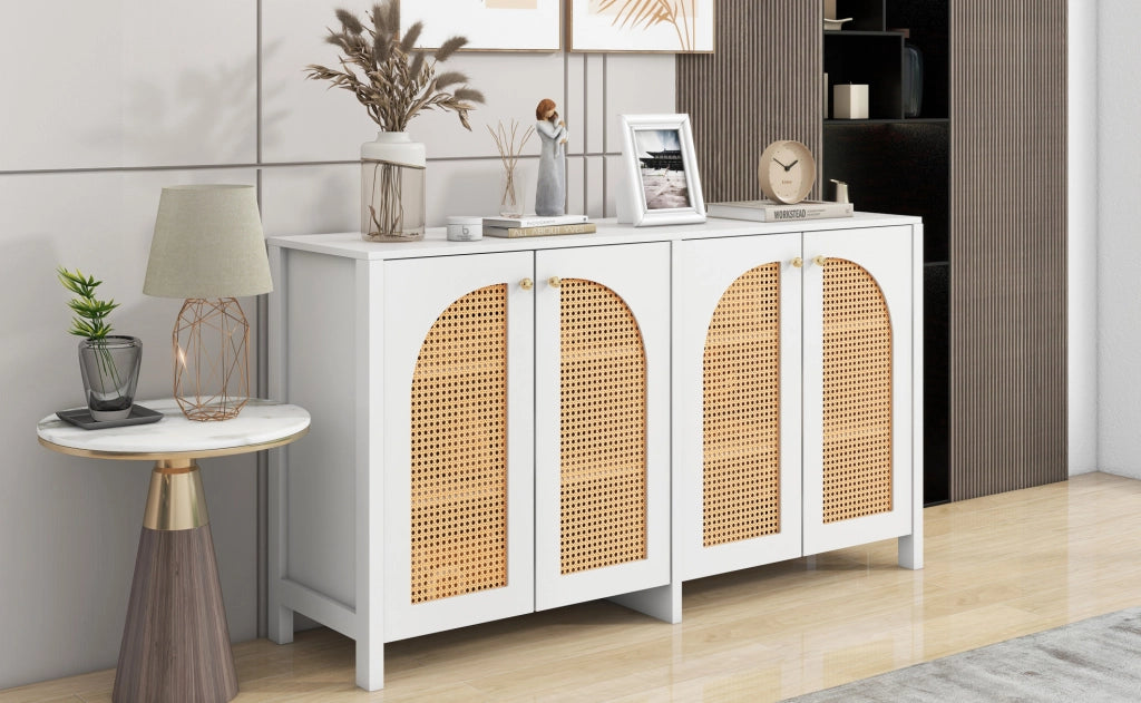 Sideboard moderno con 4 porte in rattan sintetico bianco, maniglie in metallo, per soggiorno, sala da pranzo o cucina