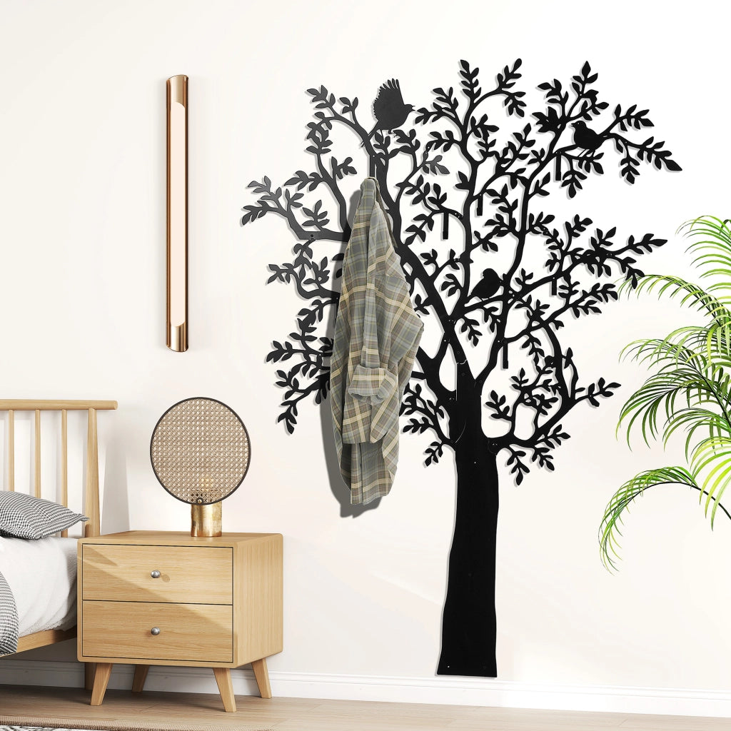 Appendiabiti da parete con 8 ganci, design ad albero con 4 uccelli, nero, salvaspazio, per ingresso