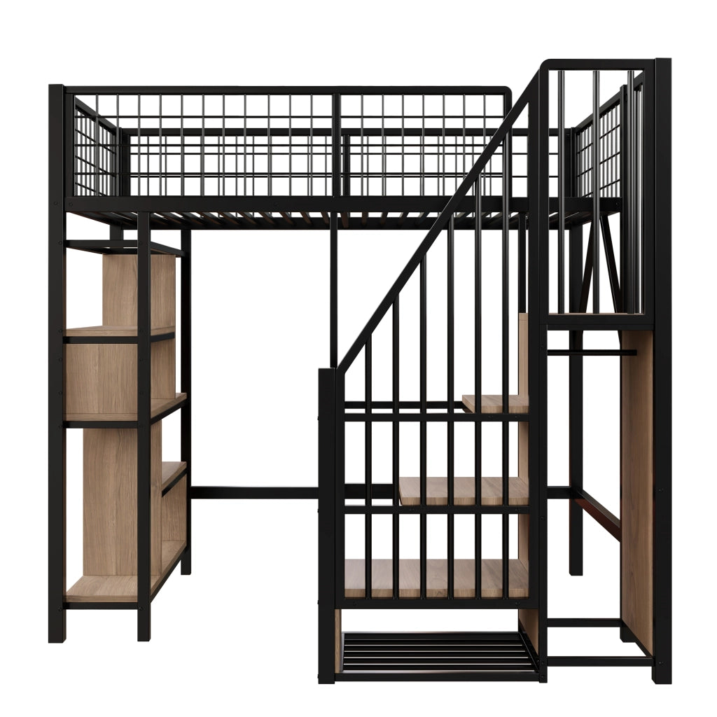 Letto a soppalco 90x200 cm con scala contenitore, struttura in metallo e legno, nero