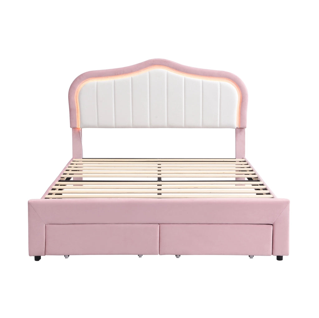 Letto imbottito per bambini 140x200 cm in velluto rosa con 2 cassetti e LED controllati via app HOMVRA