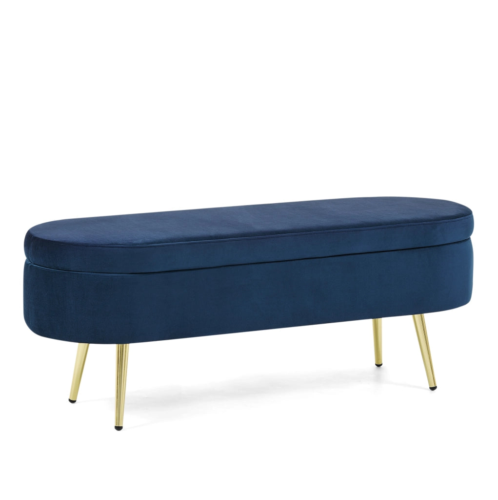 Panca contenitore in velluto blu con struttura in legno massello e gambe in metallo, 110x40x42 cm, 20L di spazio, per soggiorno, camera da letto o ingresso