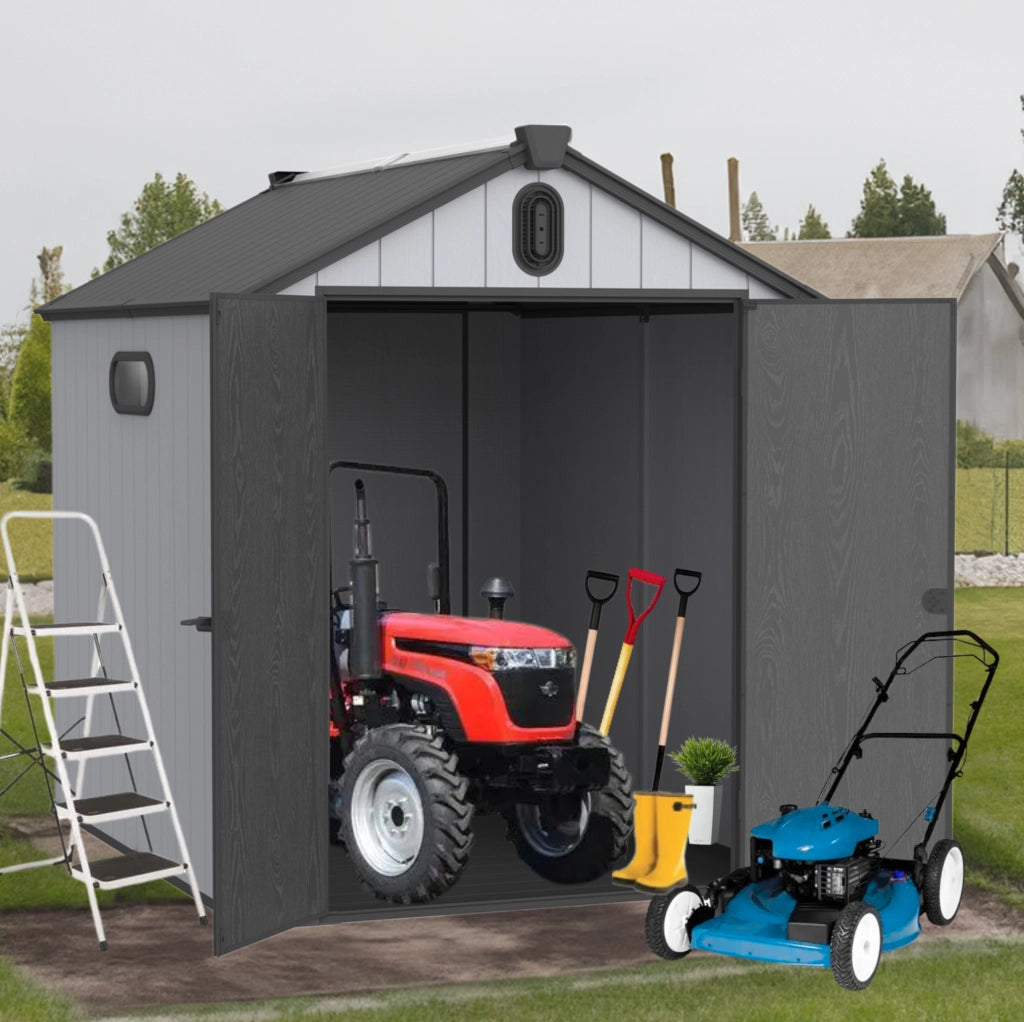 Casetta da giardino 6x8 ft in resina con doppia parete; grigio e bianco
