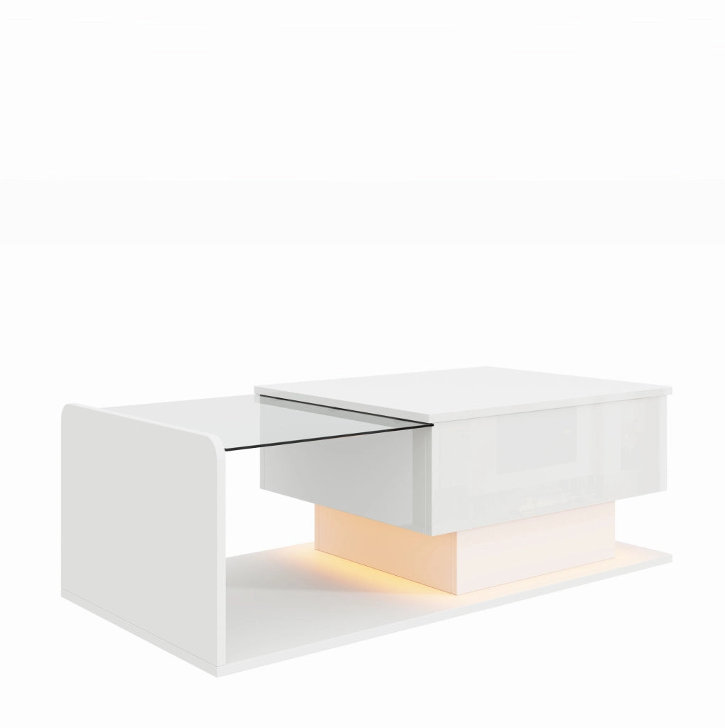 Tavolino Bianco Lucido con Piano in Vetro Temperato, LED e Spazio di Archiviazione, Altezza Regolabile
