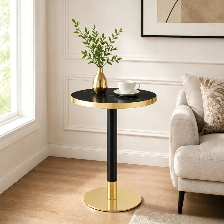Tavolo da pranzo rotondo con base stabile e bordo dorato, piano effetto marmo nero in MDF e metallo, diametro 60 cm