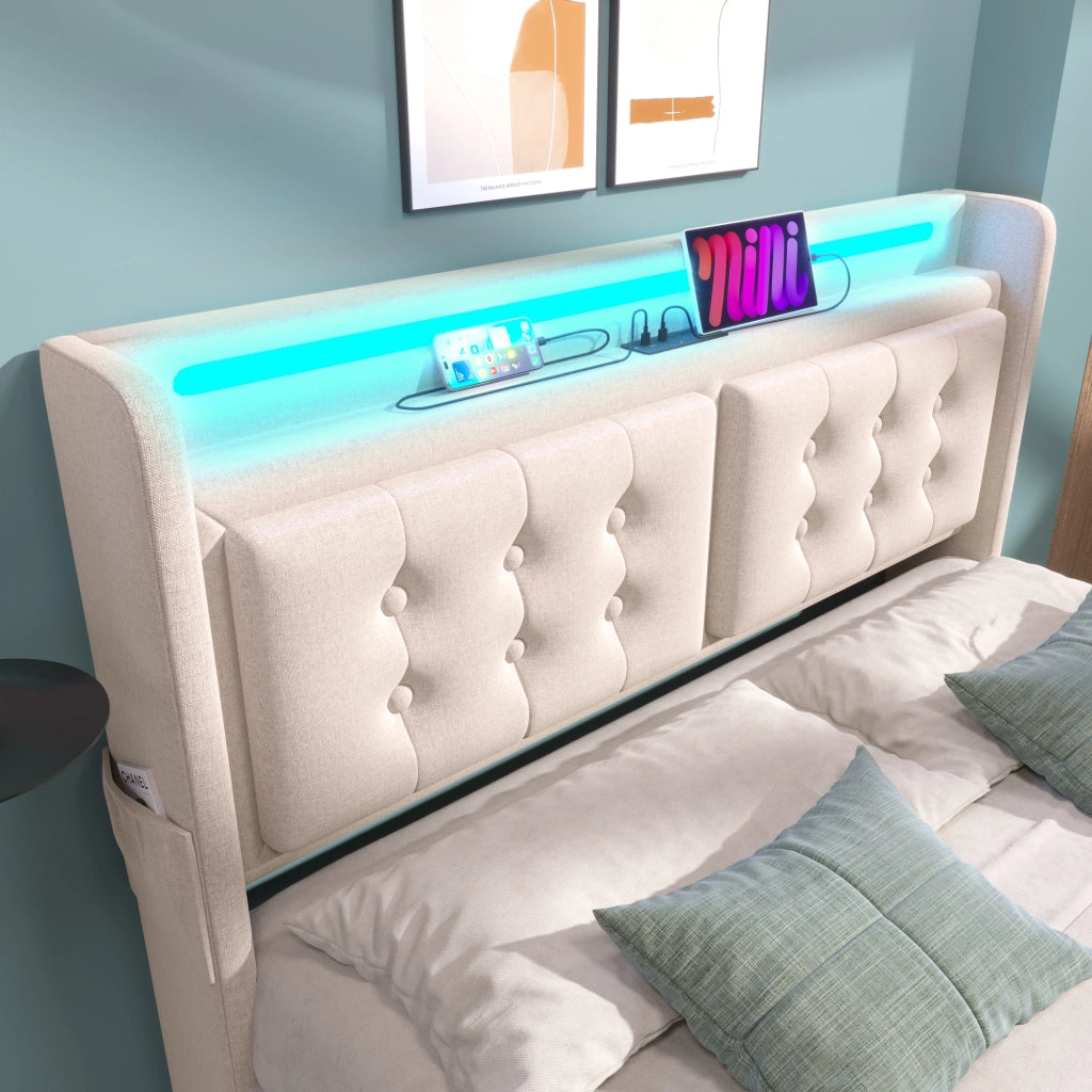 Letto 160 x 200 cm con materasso, 4 cassetti, testiera LED e USB C, legno e metallo, beige