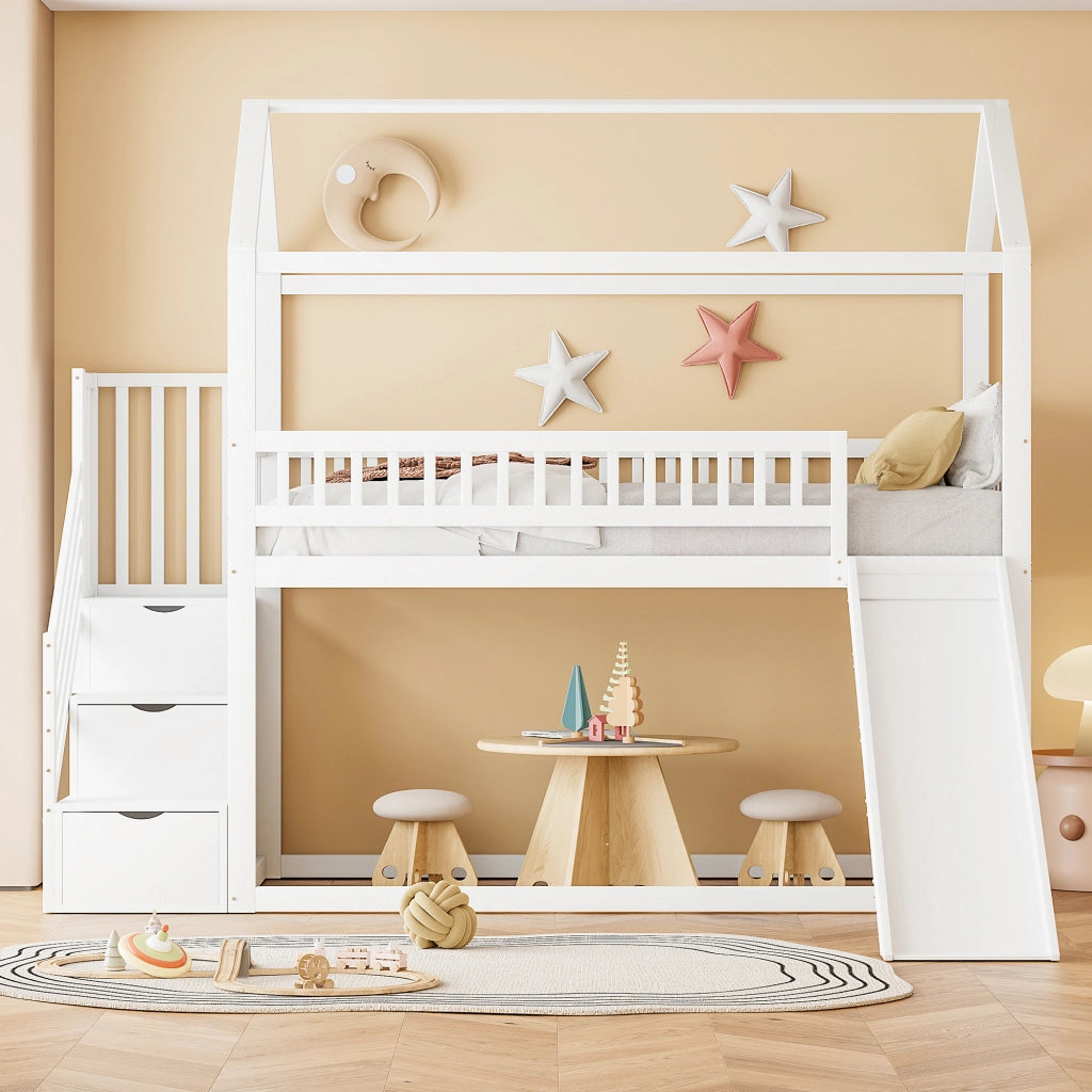 Letto a soppalco 90 × 200 cm con scivolo e scala contenitore in legno bianco; rete a doghe e sponde alte