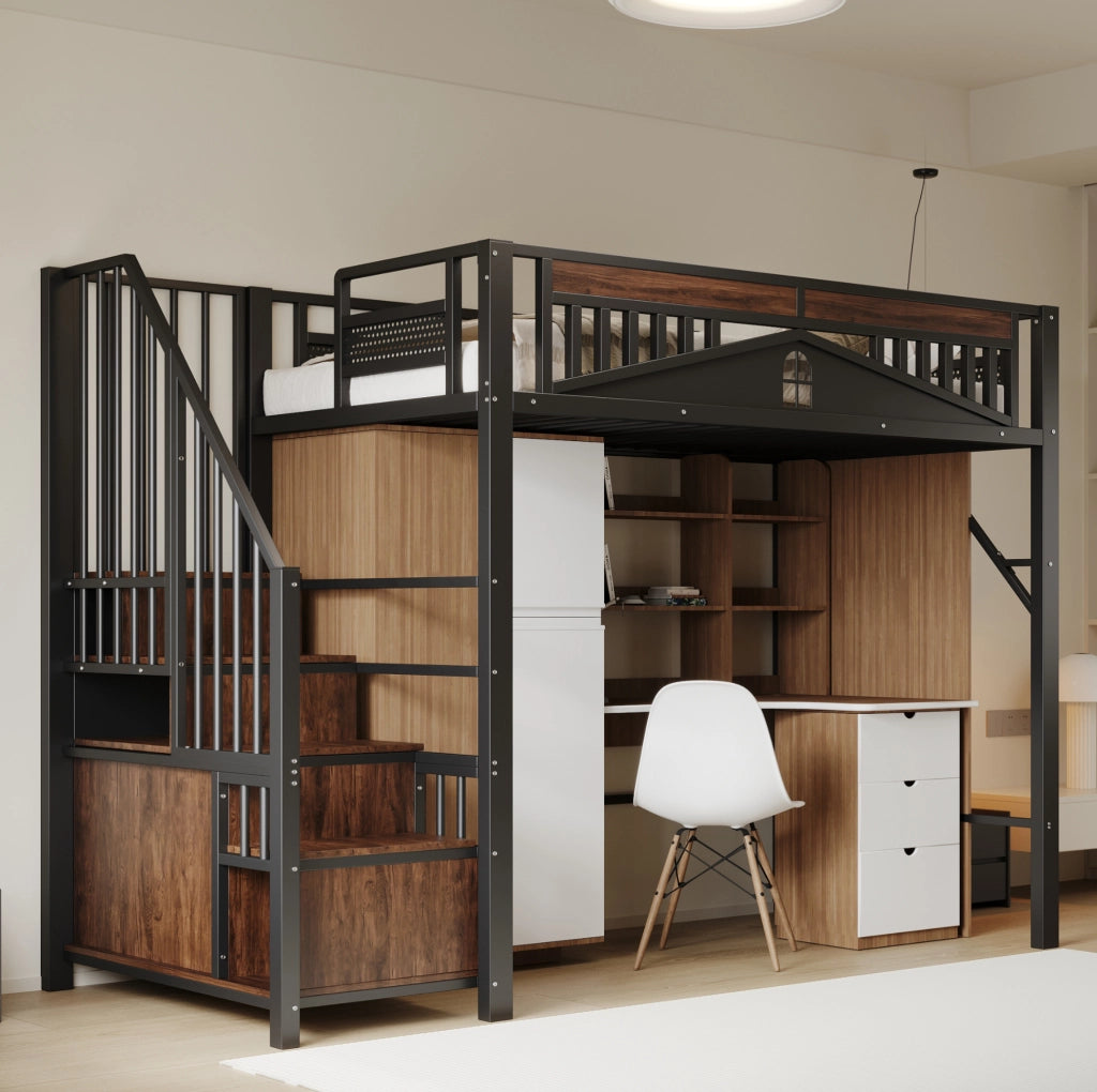 Letto a soppalco 90x200 cm in metallo nero con scale contenitore